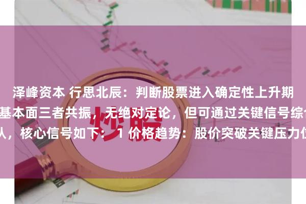 泽峰资本 行思北辰：判断股票进入确定性上升期，核心看趋势、量能、基本面三者共振，无绝对定论，但可通过关键信号综合确认，核心信号如下： 1 价格趋势：股价突破关键压力位（前期高点、均线簇），且站